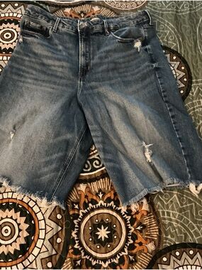 Distressed Mid-Blue Denim Cutoff Shorts